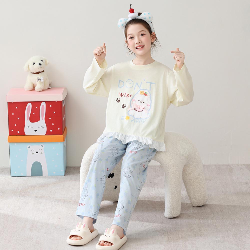 Korean Girls' Lace Long-Sleeve Cotton Pajama Set - Medium & Large Sizes for Spring/Autumn