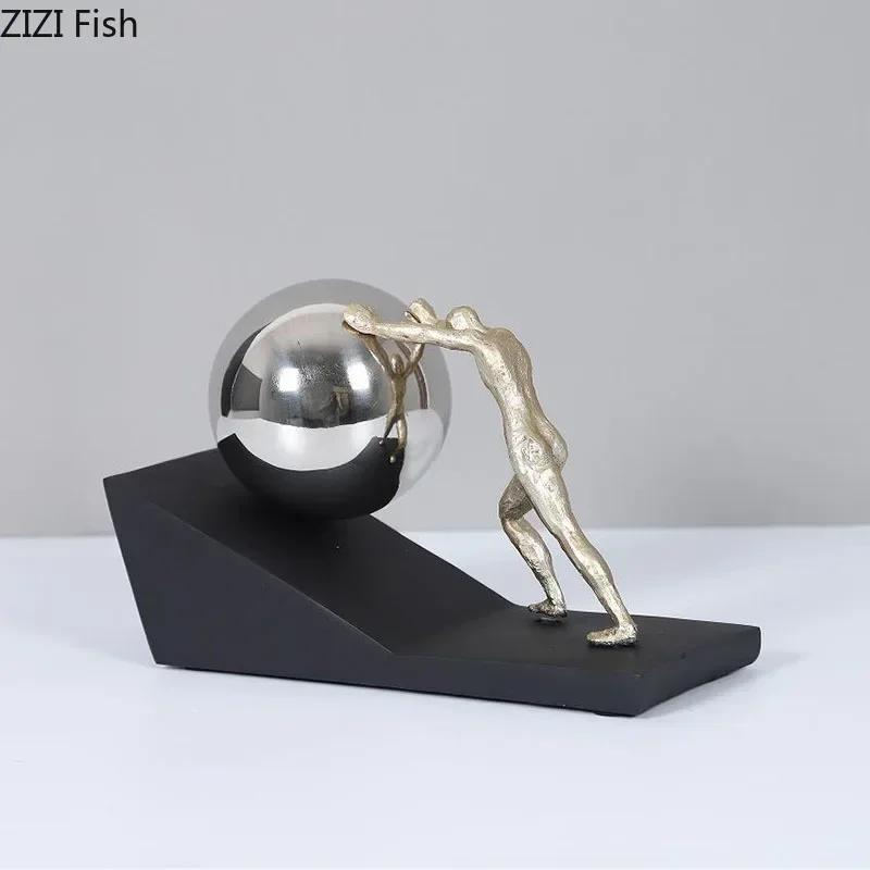 Pushing The Ball Character Resins Sculpture Mythical Figures Sisyphus Pushed The Rolling Stone Statue Desk Decoration Ornaments