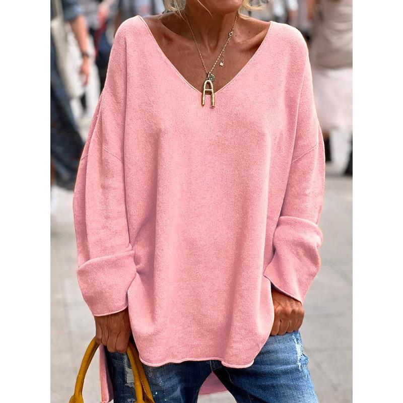 T-shirt Casual da Donna a Manica Lunga Larga, Colore Unito, Scollo a V, Comoda