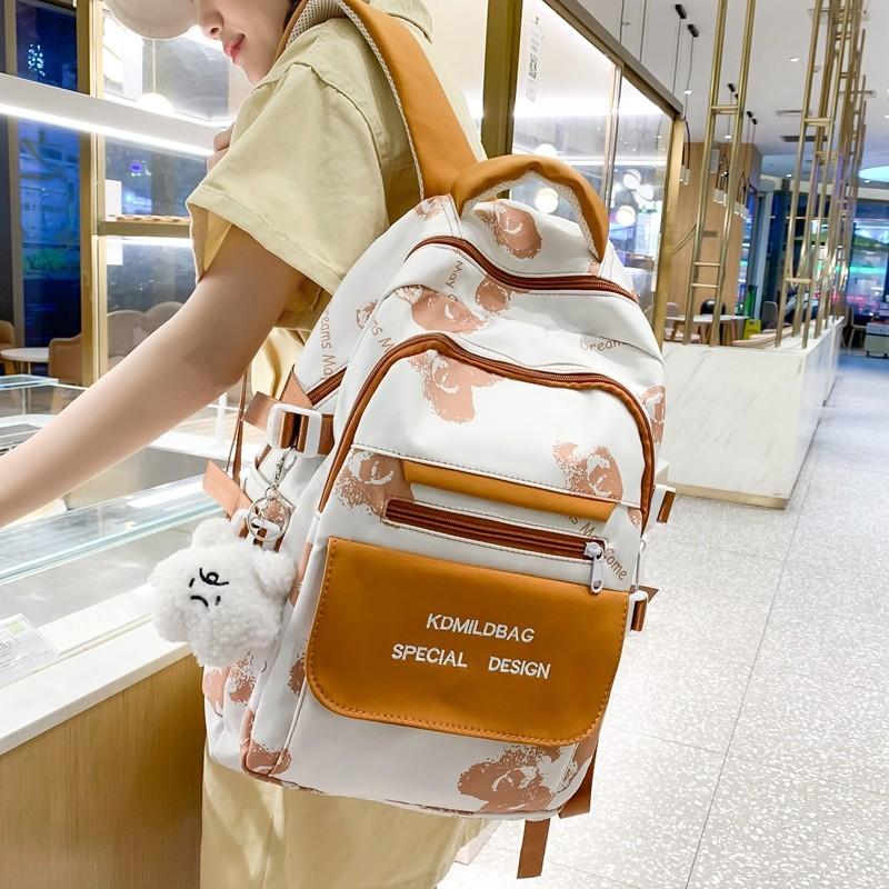 Schoolbag Korean version ins schoolbag female college student cute bear print backpack high school junior high school student large capacity backpack