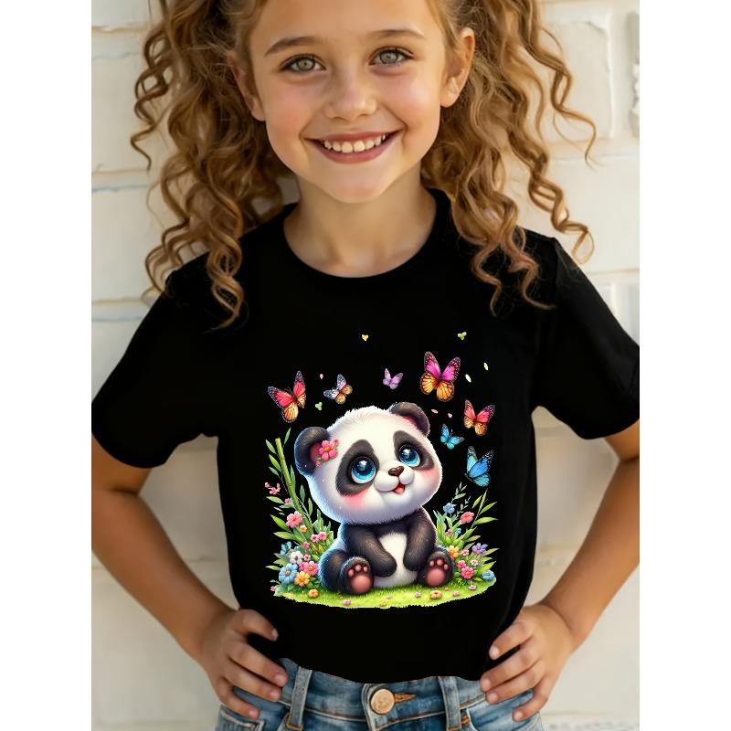 Girls Panda Butterfly Cartoon Print Crewneck Summer Short Sleeve Tee