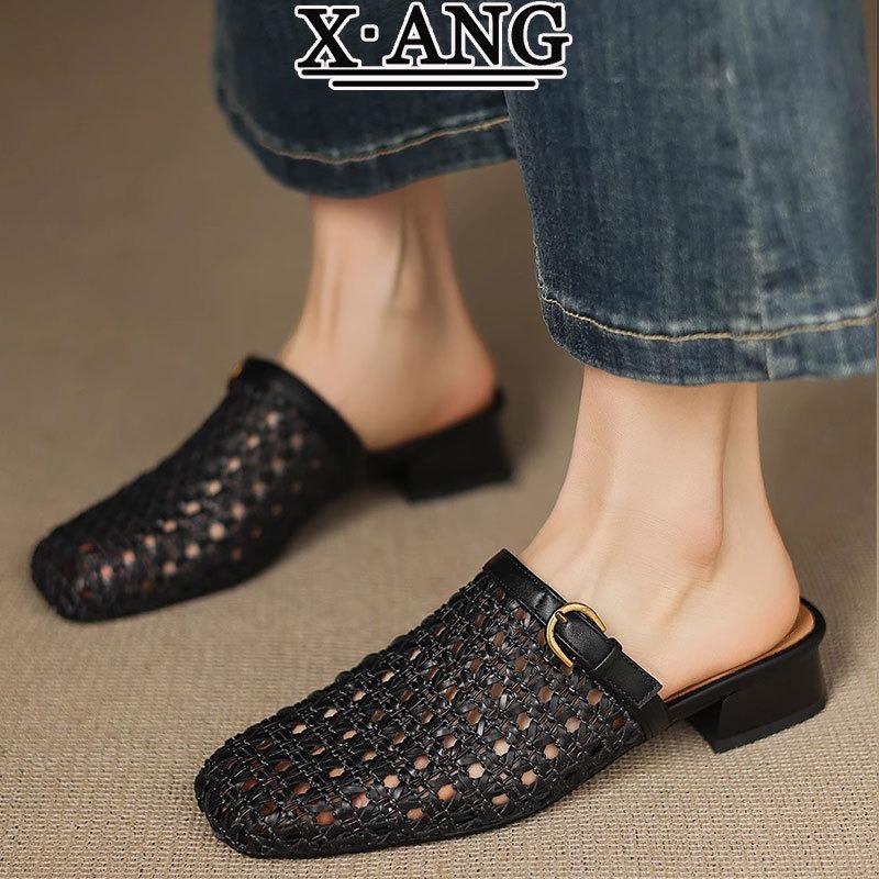 Lammfell-Version handgewebte hohle atmungsaktive Tasche Kopf Halbschuhe Oberbekleidung Sommer Dicke Ferse Schuhe Niedrige Ferse Einzelne Schuhe