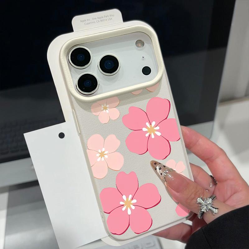 Fresh Style Cherry Blossom Pattern Case For iPhone 17 Pro Max Leather Texture Soft Silicone Cover For iPhone 16 15 14 13 Pro 12 11 16E Air