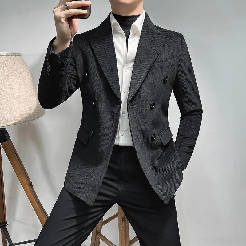 High Quality Corduroy Men s Double Breasted Blazers Solid Color Fashion Suit Outerwear England Style Smart Casual Blazer Jacket L