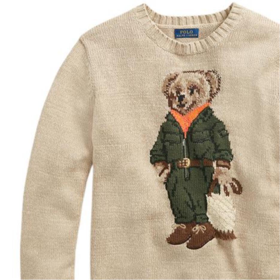 Polo Ralph Lauren SS22 Cartoon Print Teddy Bear Animal Pattern Crew Neck Cotton Sweater Women sweater Brown WMPOSWENC020315