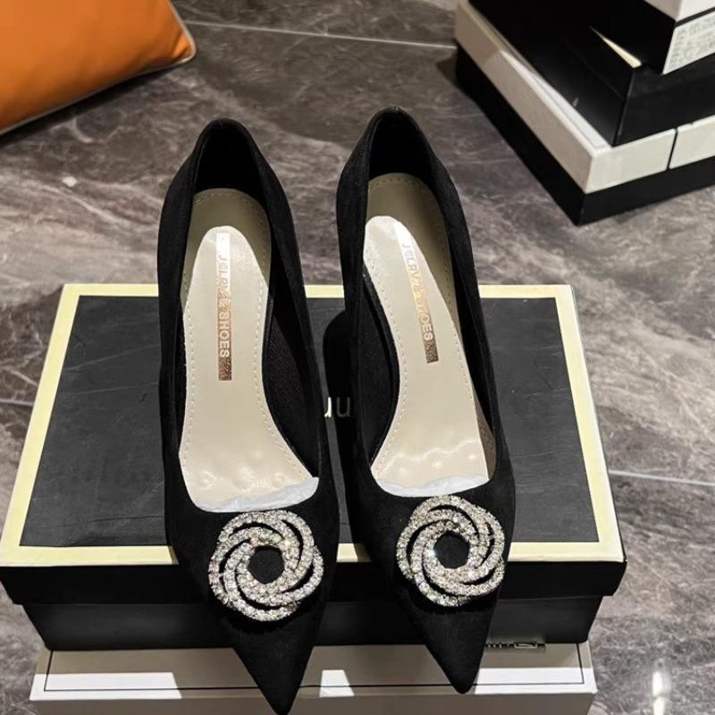 2025 New Shallow Mouth Women's Pumps Fashion Satin Rhinestone Round Buckle Stiletto Solid Color Pointed Sexy Ladies Single Shoes