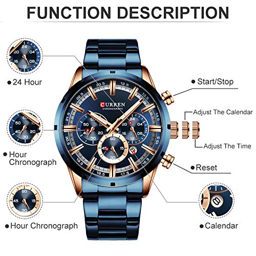 Karen Men's Watch 3 Sub-Dial Analog Steel Business Quartz Clock Blue 8355