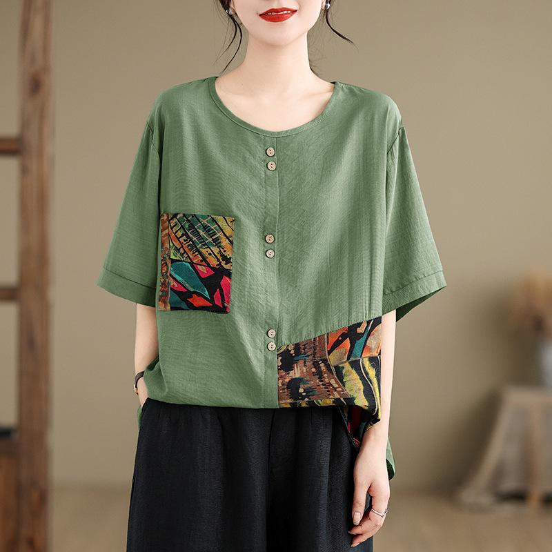 Mode Print Rundhals Kurzarm T-Shirts Damen Sommer Übergröße Locker Lässig Knöpfe Tee Tops Frauen 2025