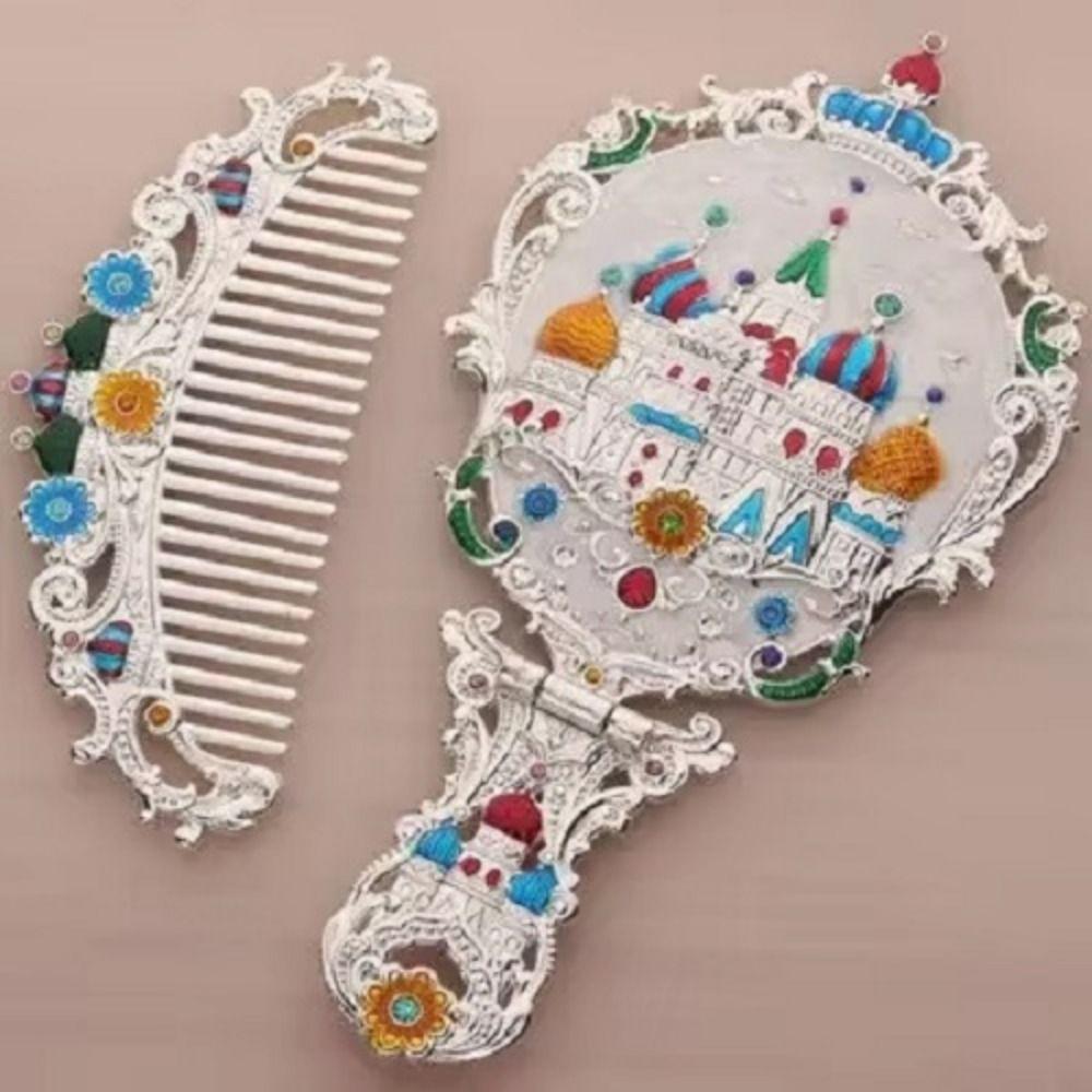 Collapsible Retro Relief Folding Comb Set Portable Foldable Cosmetic Mirror Dresser Vanity