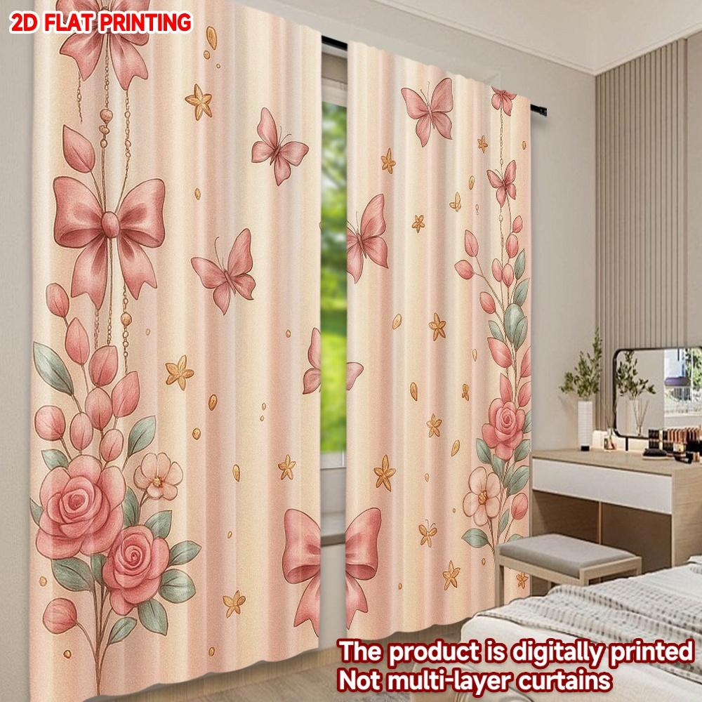 Set Of 2 Pink Butterfly Bow Curtains Digital Printing Romantic Floral Stars Pattern Light Background Girls Bedroom Decor Curtain Polyester Ideal For