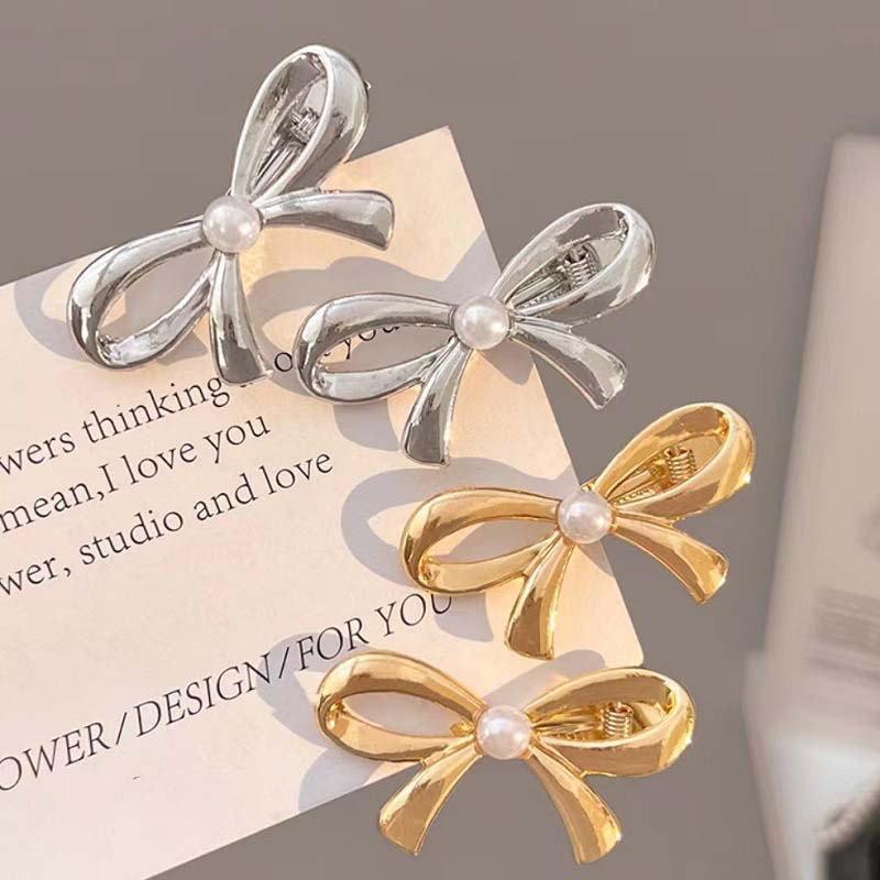 New Trendy Metal Bowknot Pearl Hair Clips For Women Sweet Mini Low Ponytail Side Duckbilled Clip Hair Accessories