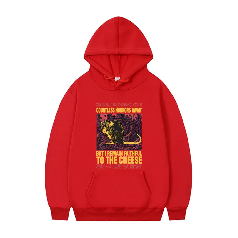 Countless Horrors Await But I Remain Faithful To The Cheese Hoodie Funny Japanese Rat Print Tracksuit Men Casual Vintage Hoodies