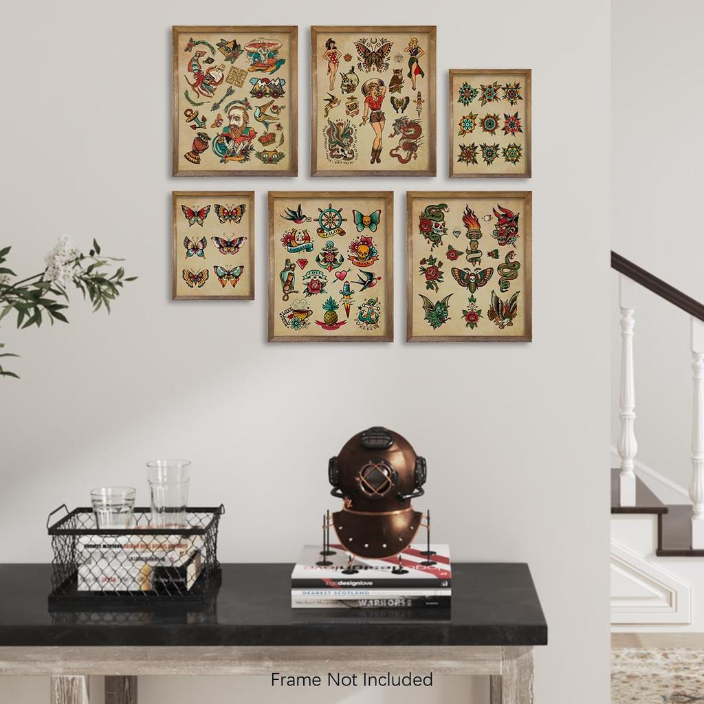 Tattoo Shop Wall Decoration - Old School Tattoo Pictures - Vintage Tattoo Poster Picture Set - Gift for Tattooist - Tattoo Flash Wall Art & Decor -