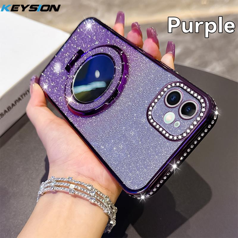 KEYSION Luxury Glitter Jewelled Magnetic Phone Case for iPhone 11 12 Pro Max Makeup Mirror Ring Stand Shockproof Back Cover