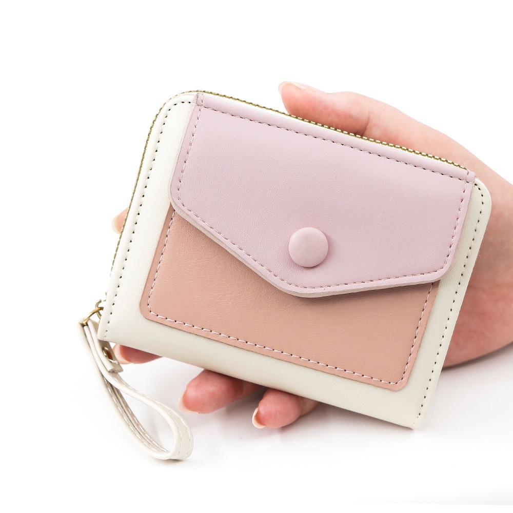 

Women Short Wallet Pu Colorblock Accordion Card Holder For Daily Use розовый