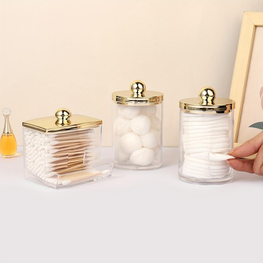 1/3 Qtips Bathroom Organizer with a Gold Lid, a 10 Oz. Ball Filler and a Clear Plastic Apothecary Jar for Cotton Swabs