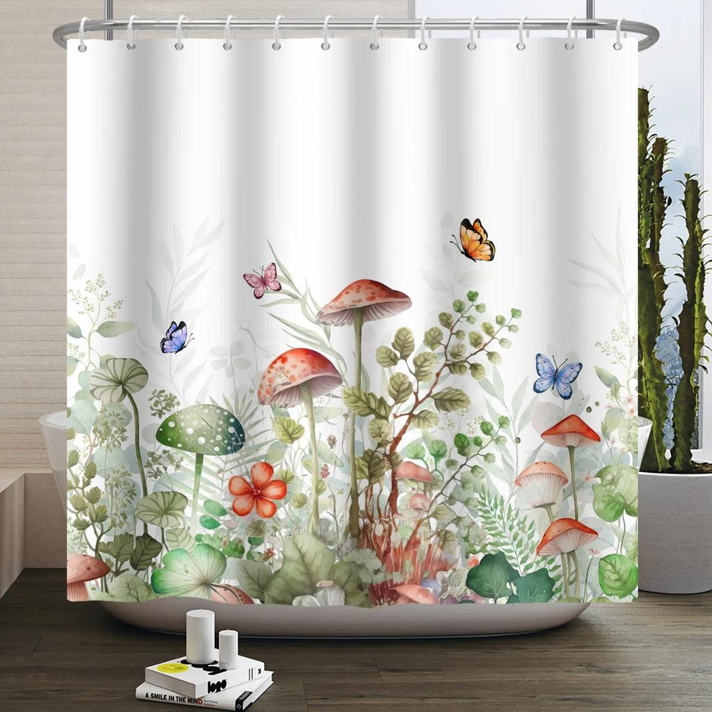 Mushroom Shower Curtain Flower Green Leaf Plant Forest Butterfly Botanical Floral Squirrel Aesthetic Waterproof Bathroom Curtain