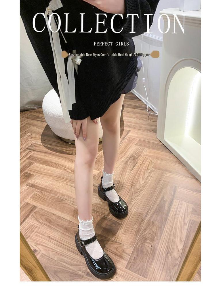 Women's Patent Leather Mary Jane Loafers - Spring 2022 British College Style, High Heel, Round Toe, Thick Sole