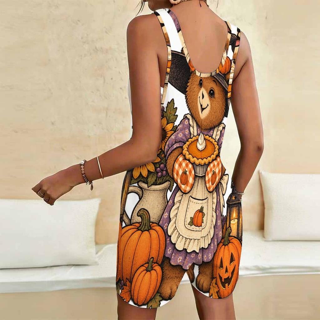 Women Plus Size Sleeveless Scoop Neck Halloween Pumpkin Printed Loose Short Romper With Pockets