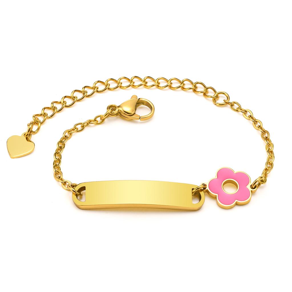 Free Engraving Name Bracelet for Little Girl Boy , Cute Flower Stainless Steel Chain Adjustble, Personalized Gift Birthday