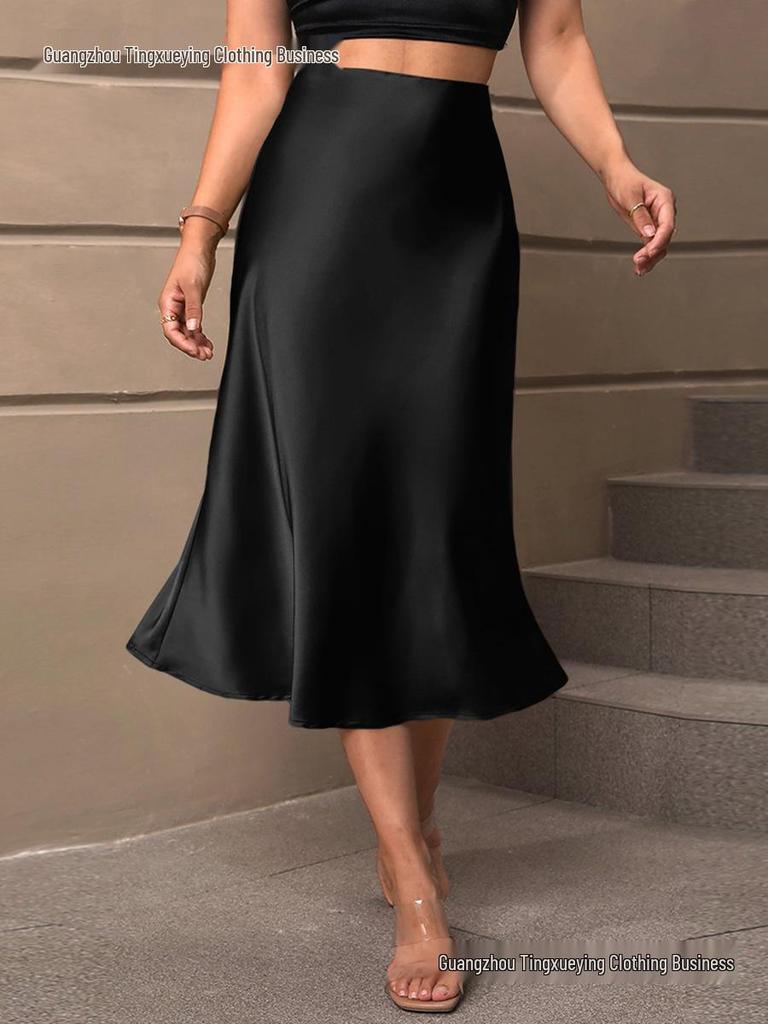 European & American Satin A-line Midi Skirt – Elegant Style, Polyester Fabric