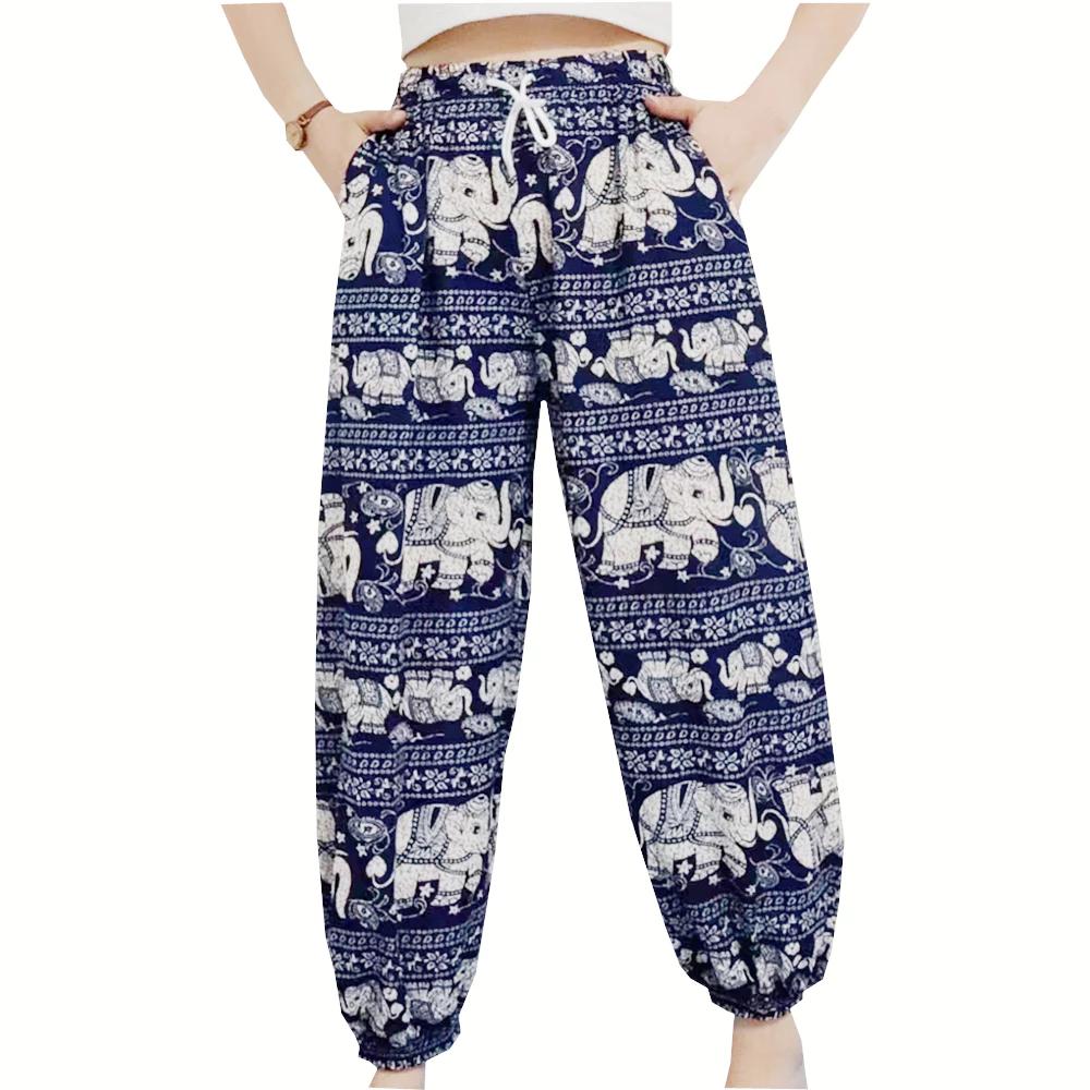 Elephant Jump Pants Pocket Adjustable Elastic High Waistband Strap Unisex Man Women Print Thailand Casual Streetwear Beach Bohemian Retro Vintage