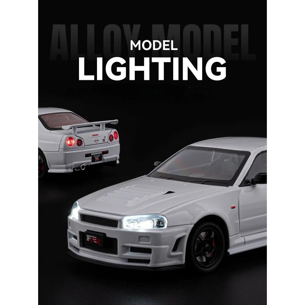 1/24 Skyline GTR R34 Static Diecast Car Sound Light Pull Back Detailed Rubber Tires Desktop Hobby Collectible Boys Gift