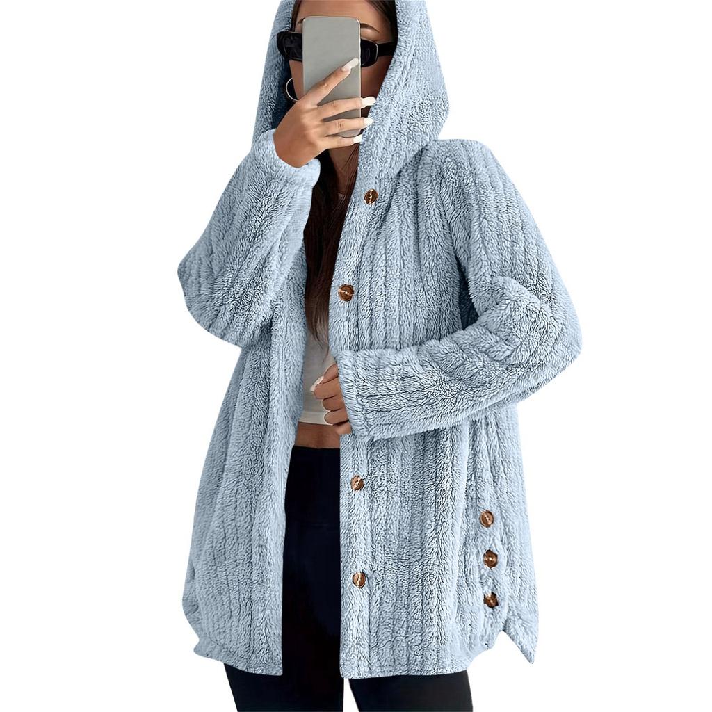 Women's Fashionable Coat Color Long Sleeved Hooded Button Plush Warm Jacket
