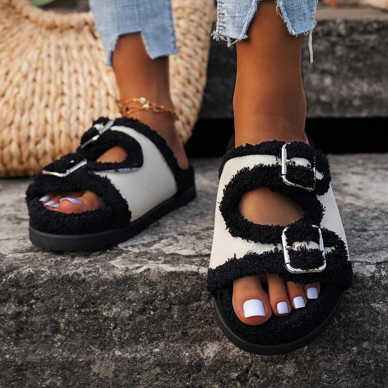 Damen Hausschuhe Leder Plüsch Plateau Rutschfest Pantoletten Lässig Dornschließe Römische Zehensandalen Winter Neu Freizeit Damenschuhe 43 schwarz