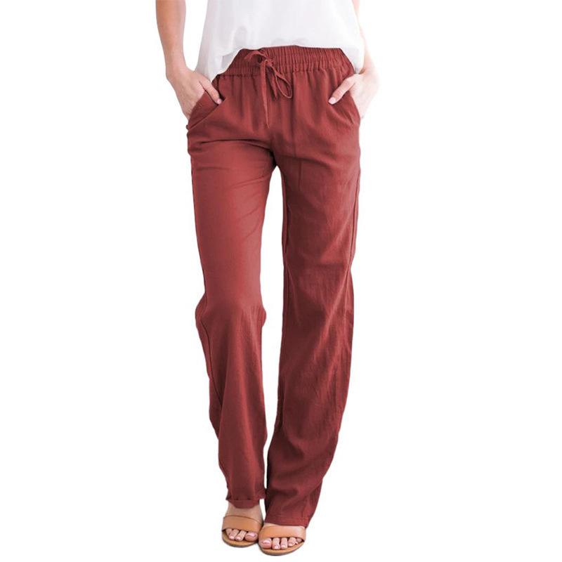 2026 Spring/Summer Women's Solid Color Cotton Linen Drawstring Wide-Leg Casual Pants