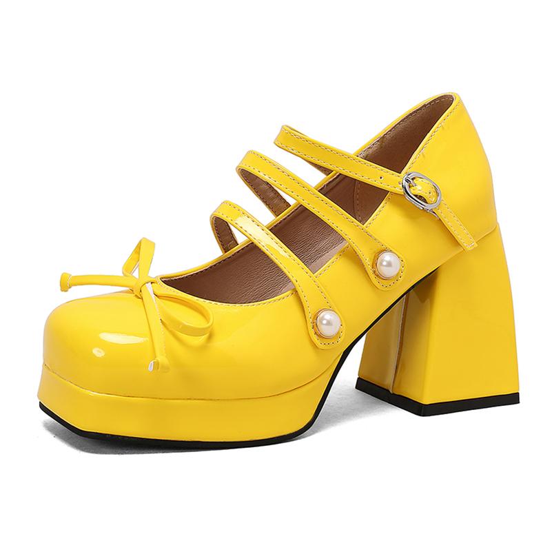 

ANNYMOLI Жіночі туфлі-човники Mary Janes з квадратним носком, товсті високі підбори, пряжка, бант, рукавички, жіноче модне взуття, весна-осінь, білий 46 39 жовтий