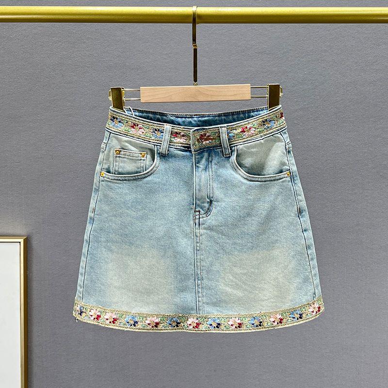 

Guofeng Heavy Industry Denim Silm A- line One-Step Skirt Embroidered Light Blue S