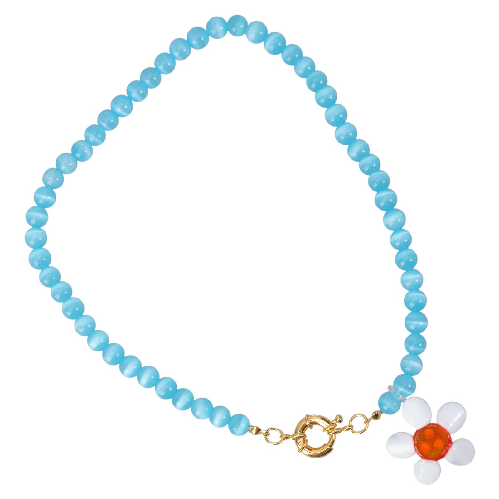 

Elegant Flower Necklace Handcraft From Sturdy Stone Glass With Adjustable Length for Fashionable Women Outfits синий