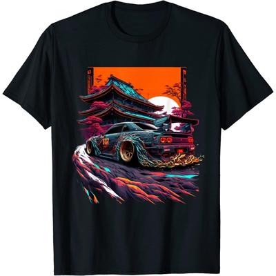 Japanese Retro Car Racing Drifting Art JDM Legend Tuning T-Shirt (Black, M)