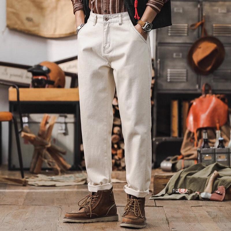 Jeans in Denim da Uomo Jie Leinuo Retro Americano Bianco Lavato Ampi Dritti