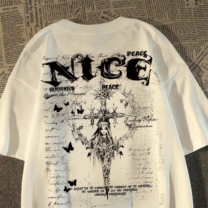 2025 New Heavy American Trendy Brand Cross Angel Print T-shirt Men s and Women s Same Autumn and Winter Retro Loose Top S разноцветный