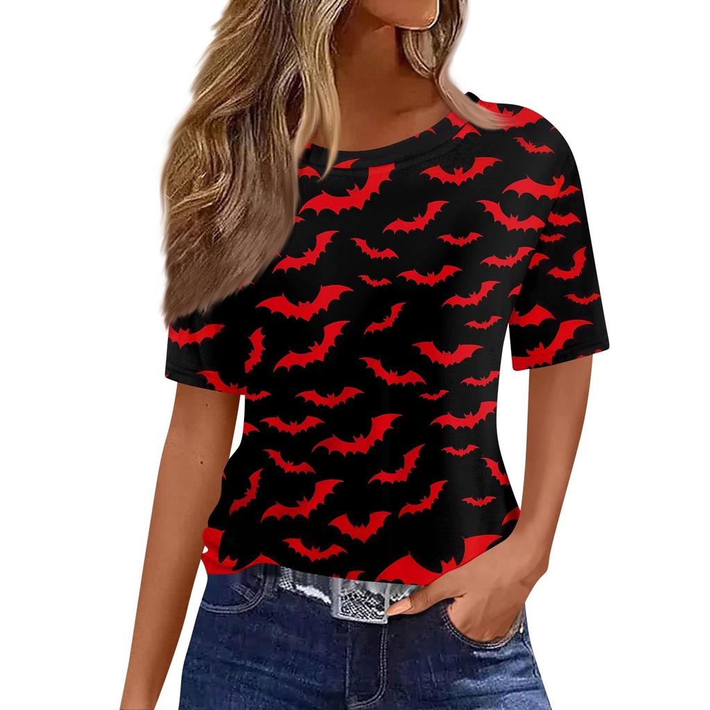 Modisches Lässiges Damen-Pullover-Oberteil mit Kurzarm und Halloween-Print, Rundhals