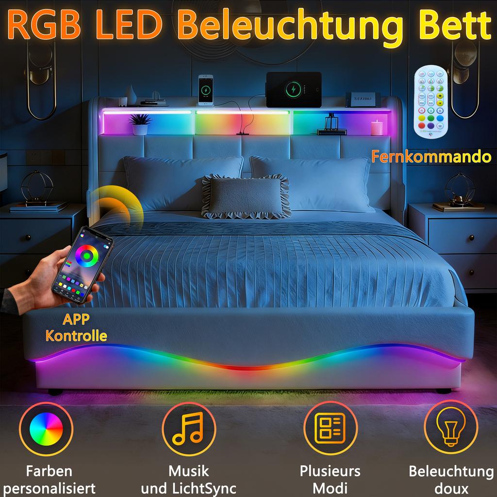 Upholstered Bed with Storage, Leather Headboard, USB & Type-C Ports, Noise-Free Padding, and LED Lighting,White.