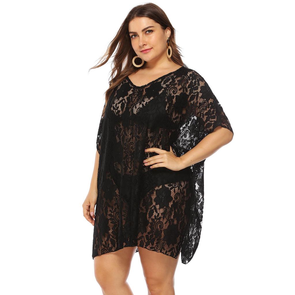 Robe de plage en dentelle pour femmes, grande taille, Sexy, ajouré, transparente, col en v, fendue, Cover-Up pour les maillots de bain