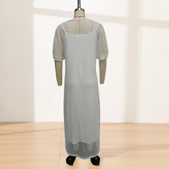 Women's Dress Cover Up Set Sleeveless Long Dress And Short Sleeve Knitted Hollow Cover Up