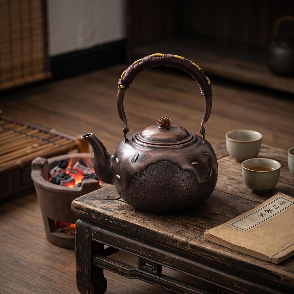 Copper Kettle Handmade with Wrapped Handle Dark Bronze for Tea Lovers, Collectors, Kitchen