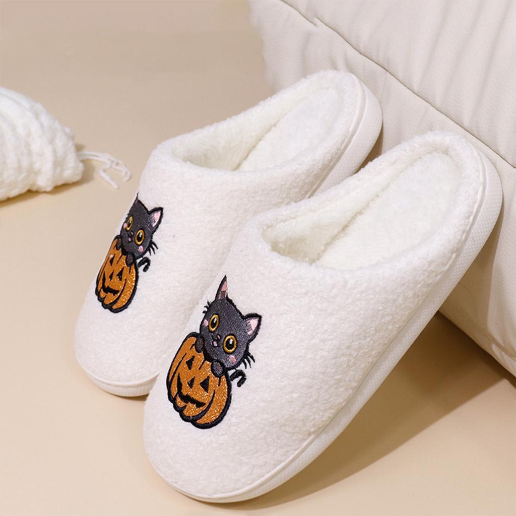 Pumpkin Embroidery Cotton Slippers for Women Cozy Indoor House Shoes