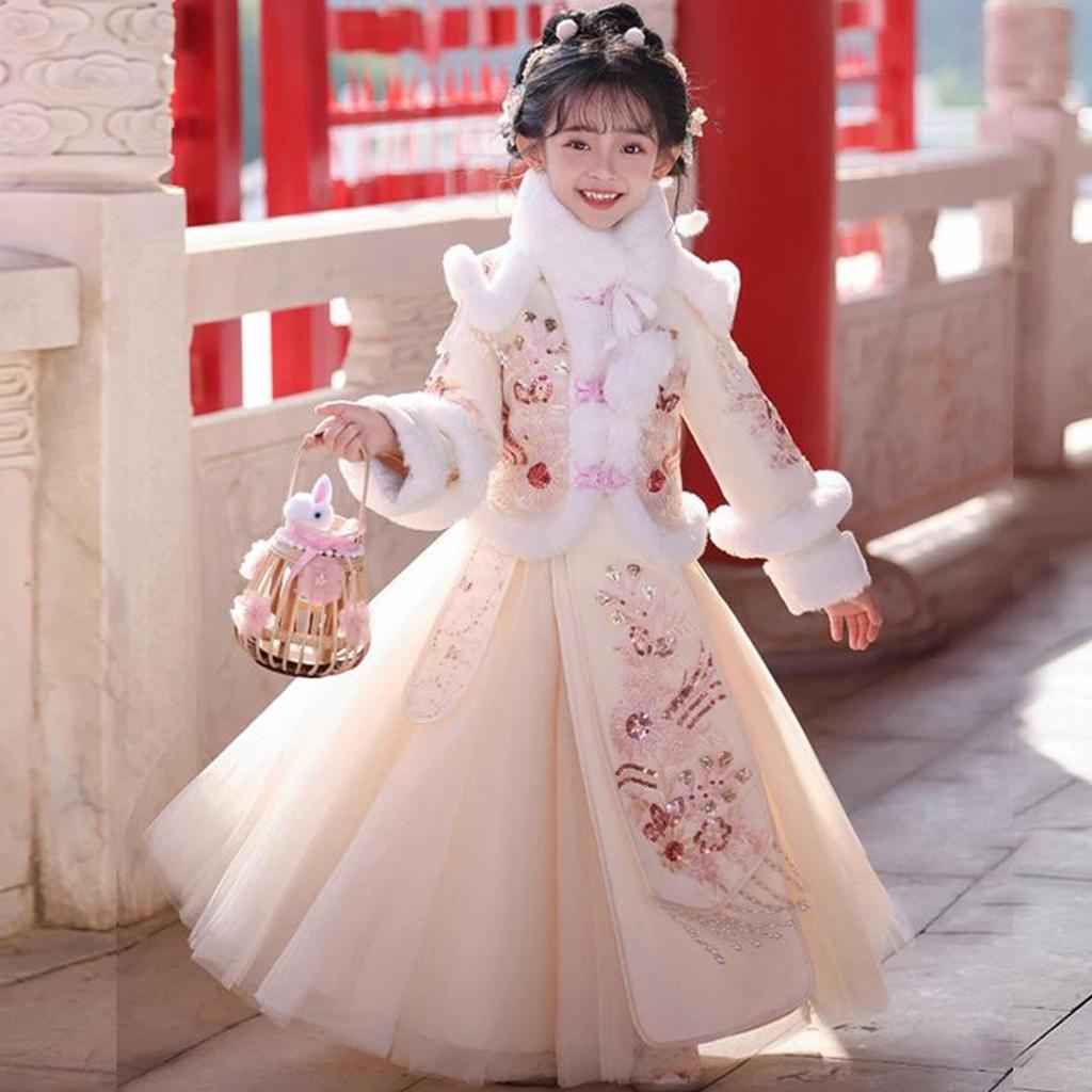 Girls' Velvet Hanfu Winter Outfit - Chinese New Year 2025 Tang Suit Costume