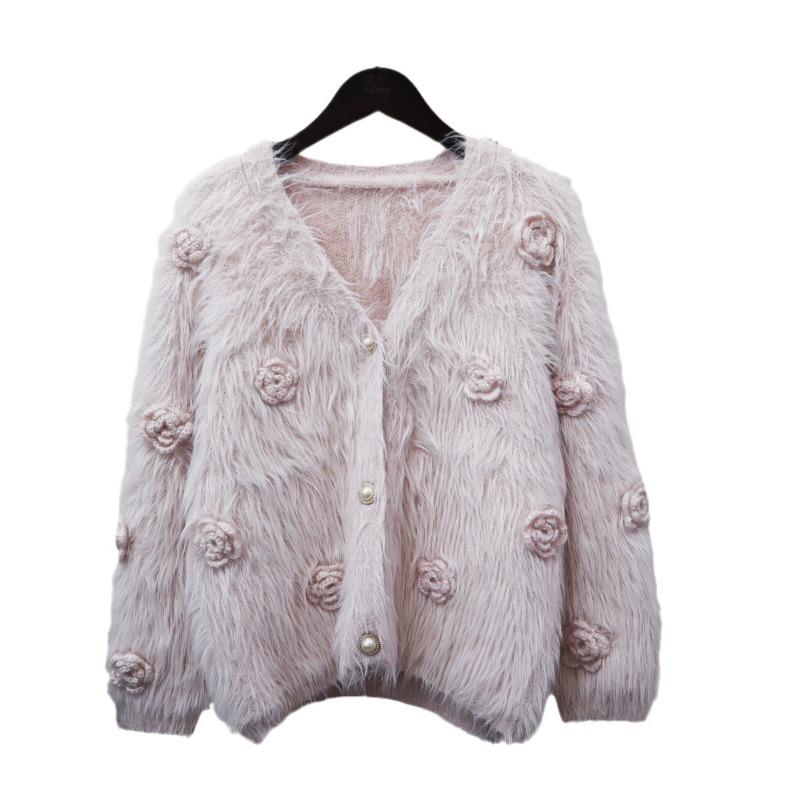 Dreidimensionale Blume Imitation Nerz Samt Gestrickte Strickjacke Damen Herbst Neu Kleiner Duftendes Temperament Locker Weich Wachsig Pulloverjacke