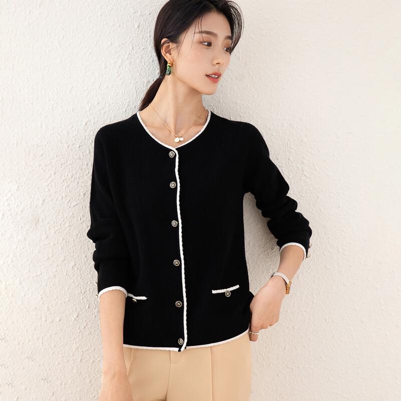 TUHUANG Women's Pure Wool Color-block Knit Cardigan