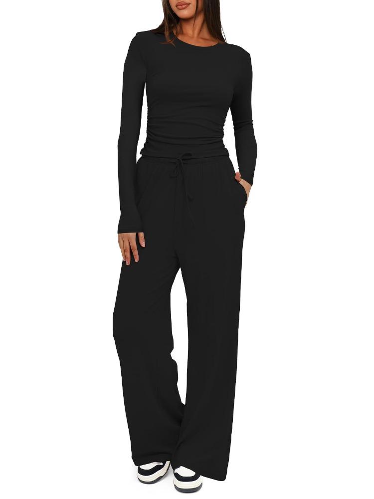 Solid Color Casual Long Sleeve Set Top High Waisted Wide Leg Pants Sportswear