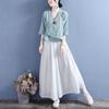 Summer cotton and linen embroidered diagonal placket fan-shaped lace-up medium-sleeved top women's retro zen shirt tea clothes