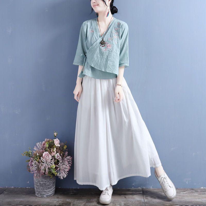 Summer cotton and linen embroidered diagonal placket fan-shaped lace-up medium-sleeved top women's retro zen shirt tea clothes