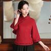 Women's Light Blue Linen Blouse 3/4 Sleeve Manin Collar Chinese Style Embroidered Top