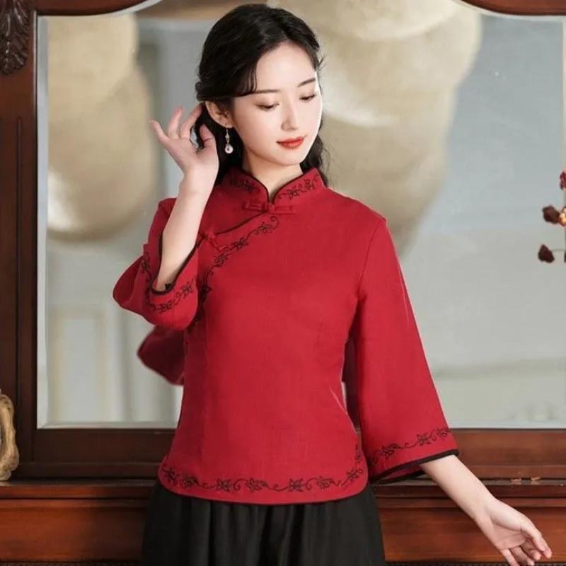 Women's Light Blue Linen Blouse 3/4 Sleeve Manin Collar Chinese Style Embroidered Top